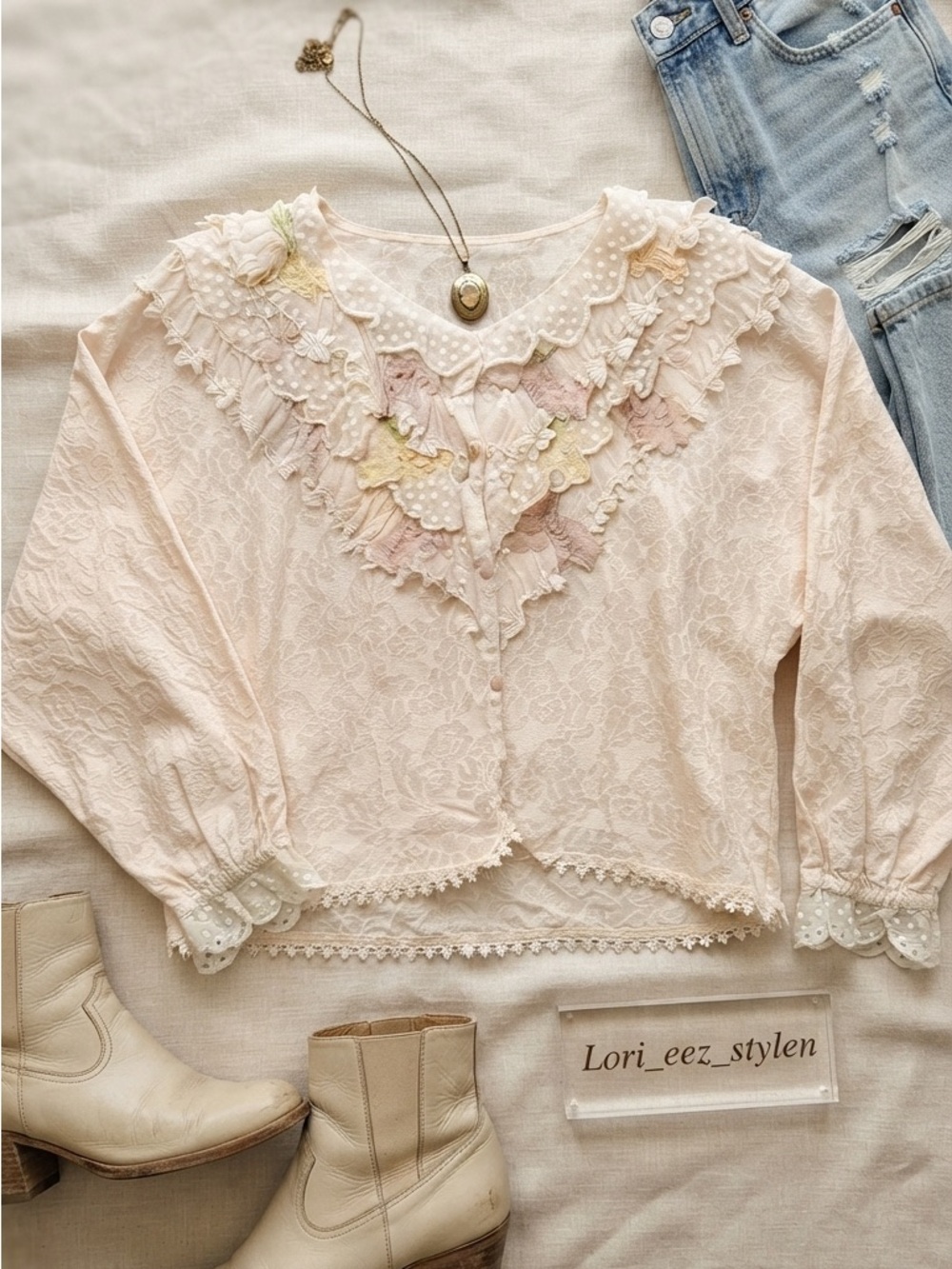 Pastel Lace Ruffle Blouse - Cream